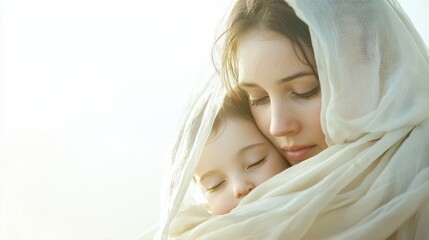 A serene moment where a mother holds her peacefully sleeping child close, both wrapped in light fabrics that create a dreamy atmosphere. The gentle sunlight enhances their bond