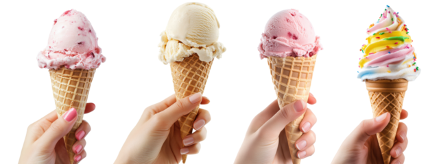 Set of hands holding ice cream cones with different flavors, isolated on transparent background