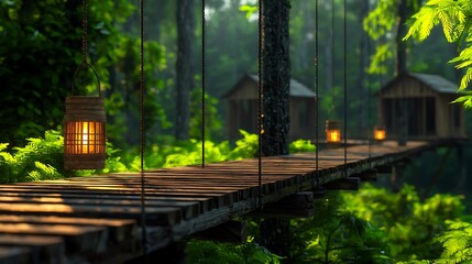 Wooden bridge extending through lush forest, lanterns providing ambient light