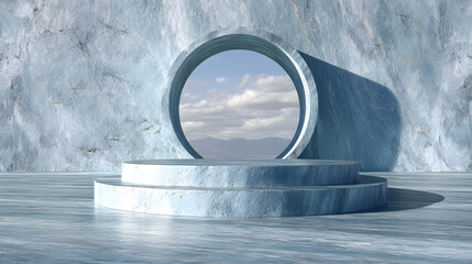 A serene architectural space featuring a circular window, showcasing a tranquil sky and mountain view through textured blue surfaces.