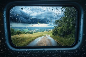 Fototapeta premium Dark clouds loom over a winding road in a lush countryside landscape during a rainstorm