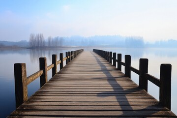 Obraz premium Wooden pier reaching into serene lake at dawn surrounded by mist and trees