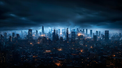 Futuristic Cityscape At Night Under Stormy Skies