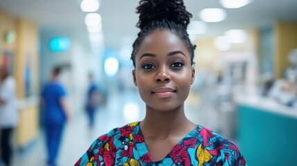 A young Black woman confidently smiles in a colorful nursing uniform, embodying professionalism and warmth within a healthcare environment, highlighting diversity.