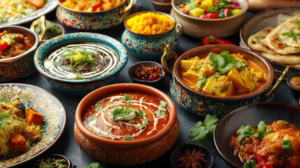 Fototapeta premium An exquisite spread of colorful Indian dishes including curries and rice, beautifully presented in traditional bowls.