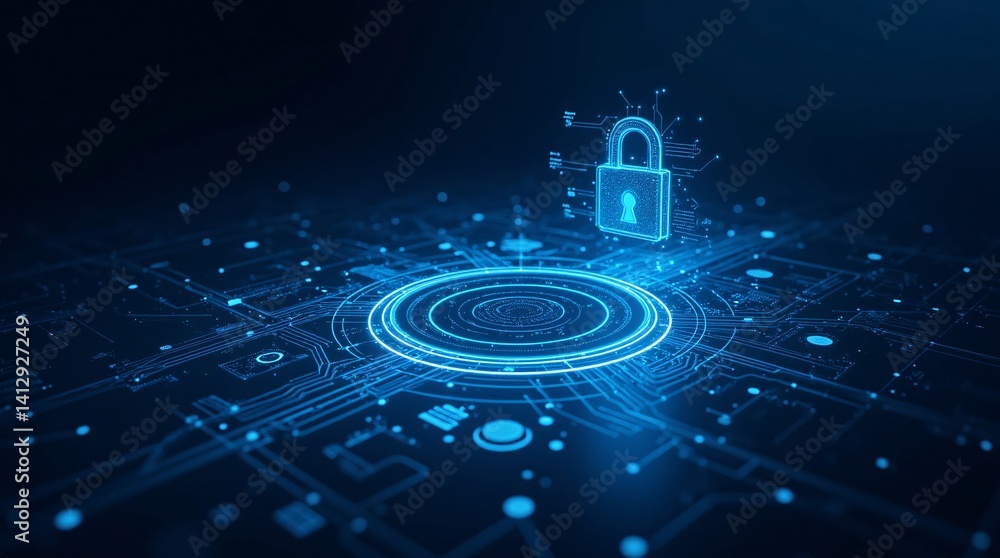 Poster digital fortress a glowing padlock hovers above a complex circuit board, symbolizing robust online p