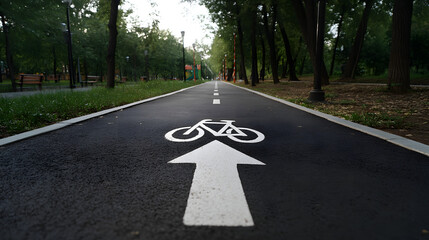 Obraz premium A clear bike lane in a serene park setting, perfect for cycling enthusiasts enjoying nature.