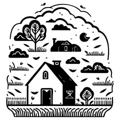 Naklejka premium Linocut Style Rural Black and White Landscape