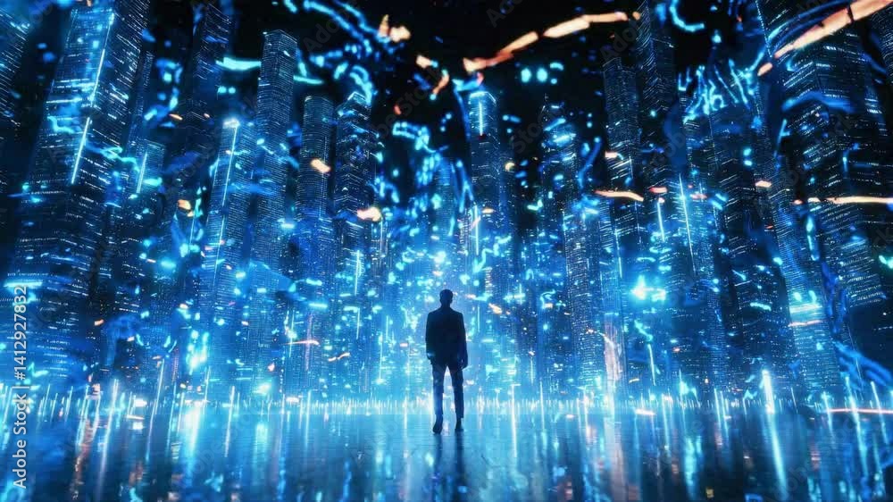 Poster silhouette standing amid luminous technological metropolis with glowing blue skyscrapers and dynamic