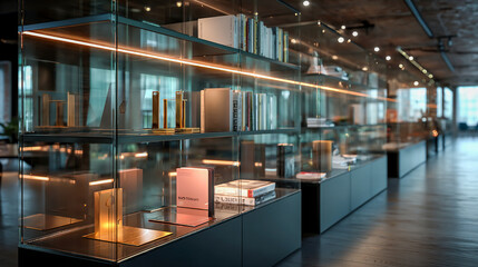 A contemporary open-concept shelving display featuring top-selling books, sleek corporate trophies, metallic award plates, and a soft ambient light reflection for an elegant and professional look