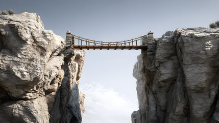 A stunning wooden suspension bridge spanning a rocky canyon, symbolizing adventure and connection.