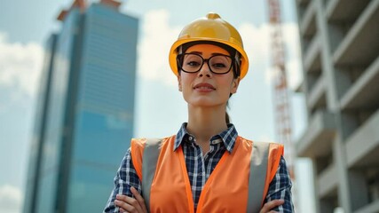 Confident female construction engineer wearing safety helmet and vest standing with crossed arms at urban building site with modern skyscrapers in the background