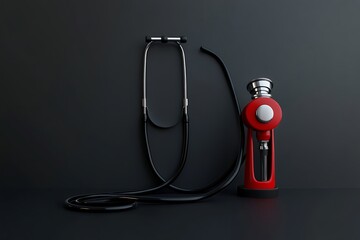 Fototapeta premium Stethoscope and Red Gas Pump Nozzle on Dark Surface Healthcare and Energy Concept