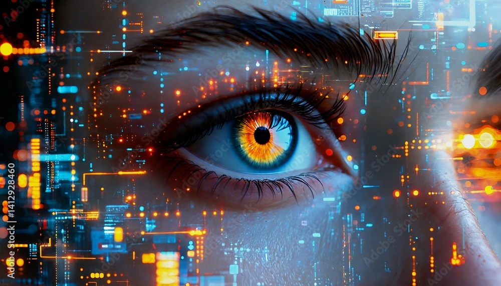 Poster a close-up of a human eye overlaid with a vibrant network of digital data and glowing circuitry, sug