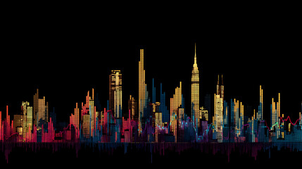 Obraz premium A vibrant digital skyline featuring tall skyscrapers lit in blue, gold, and pink hues against a black background.