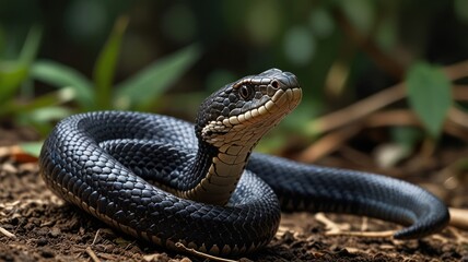 Fototapeta premium Black snake coiled in forest, alert, nature wildlife
