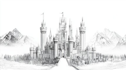 A majestic castle stands tall amidst misty mountains, exuding an air of fantasy and grandeur.