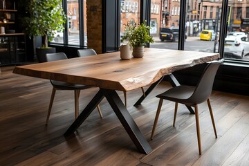 Fototapeta premium Rustic wooden dining table with metal legs in bright studio setting