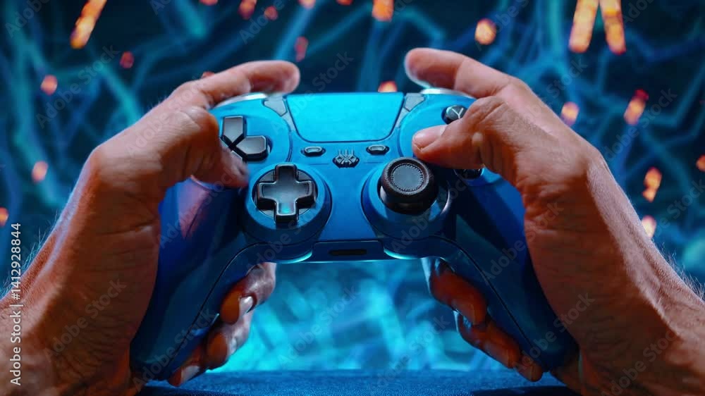 Poster hands holding blue video game controller with glowing background. fingers positioned on buttons, cap