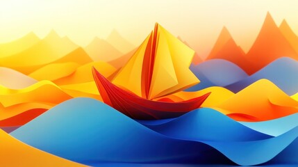 Colorful Paper Boat Sailing Through Abstract Waves