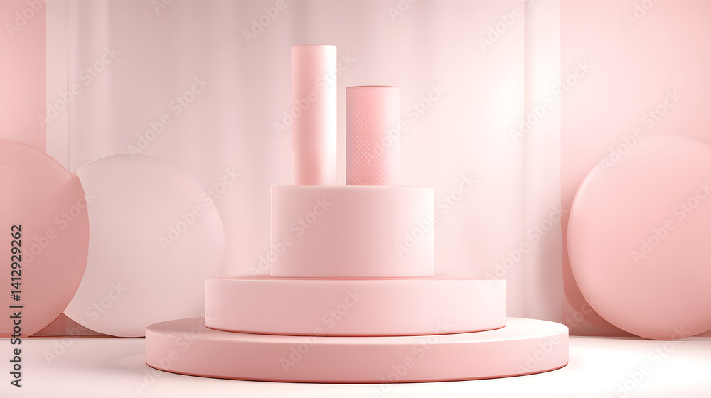 Poster soft pink abstract display featuring cylindrical and circular shapes, creating a dreamy atmosphere.