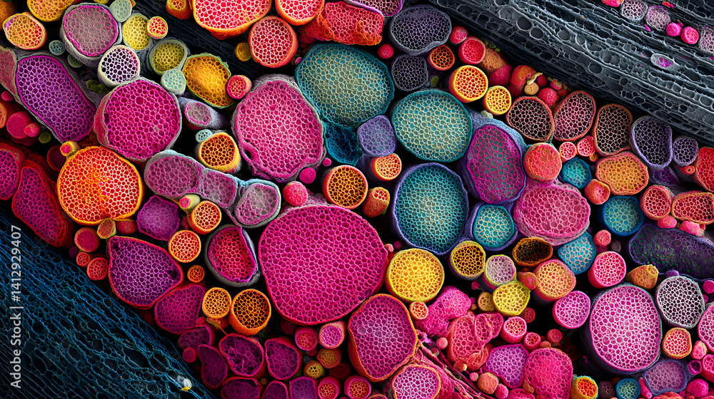 Aufkleber colorful microstructure showcasing vibrant intricate cells, creating a mesmerizing visual effect.