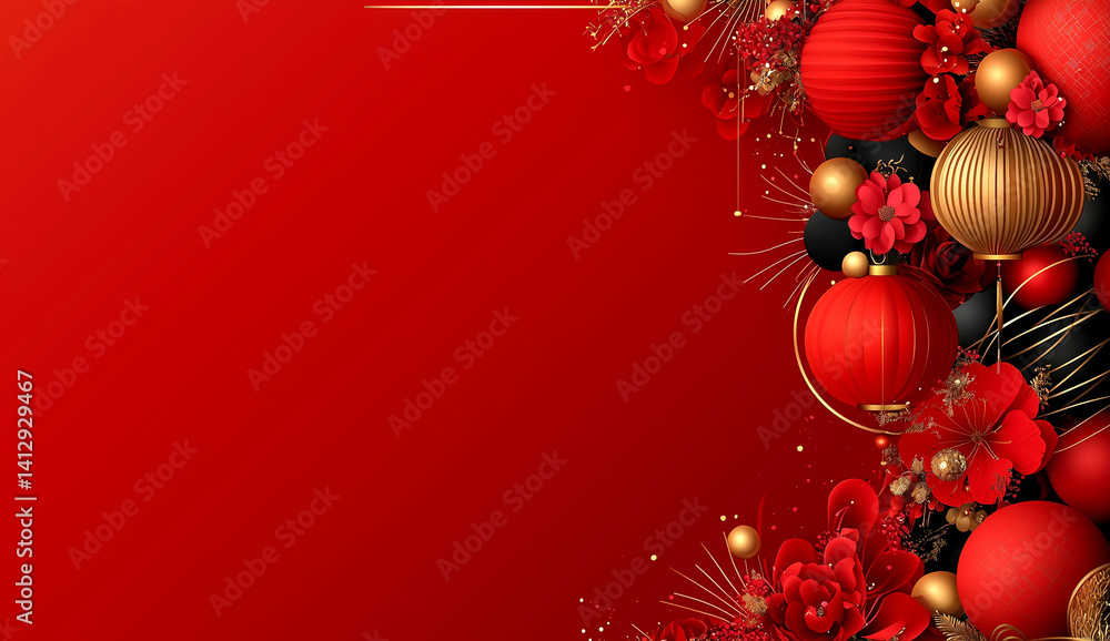Wall mural red background with gold accents and red and black lanterns. the lanterns are arranged in a way that