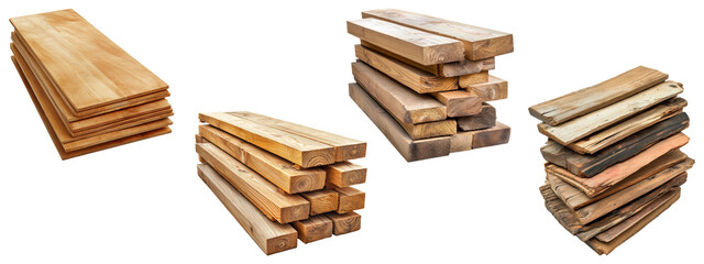 Set of stacked wooden planks and boards, isolated on transparent background