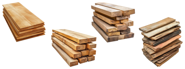 Set of stacked wooden planks and boards, isolated on transparent background