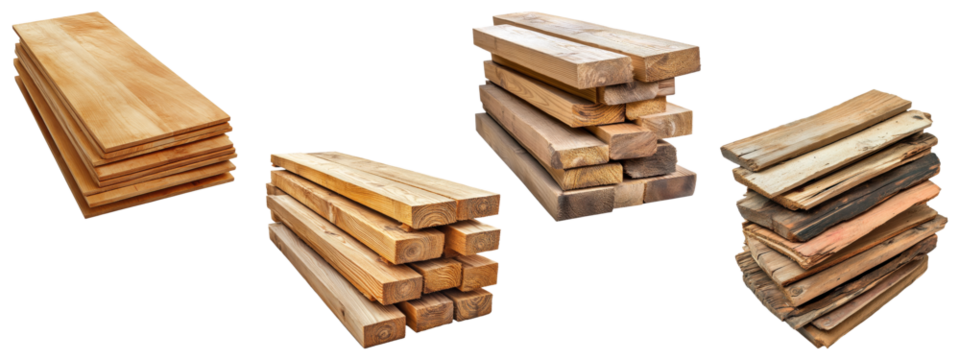 Set of stacked wooden planks and boards, isolated on transparent background