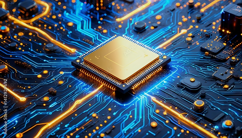 Poster a golden computer processor chip is centered on a vibrant blue circuit board with glowing orange and