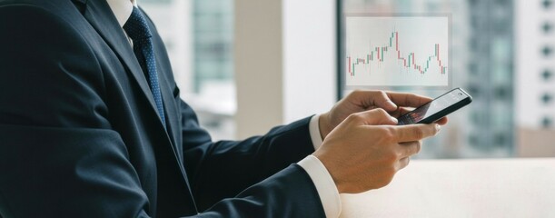 Successful young trader investor in a suit holds a phone and trades cryptocurrency. Current market, bitcoin daily timeframe. Banner, copy space. Stock or exchange trading. Financial growth and profit.