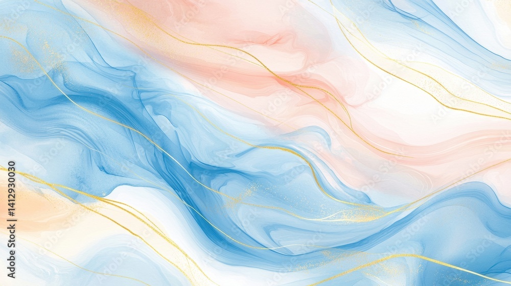 Poster swirling waves of soft blue, peach, and cream blend together with delicate golden lines, creating an
