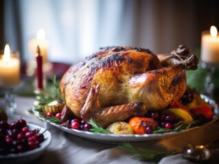 Thanksgiving Feast: A beautifully roasted turkey, surrounded by seasonal accompaniments, set against the warm glow of candlelight and the cozy atmosphere of a family celebration.