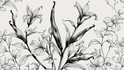 Elegant Vanilla Bean and Bloom Line Art – Intricate Black and White Floral Illustration with Vintage Botanical Detail