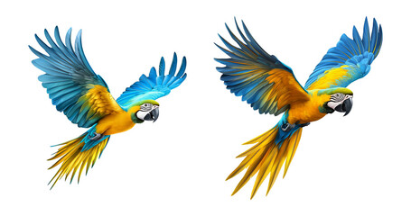 Fototapeta premium Blue-and-yellow Macaw Parrot in Flight Isolated on White Background Wildlife Colorful Tropical Bird Exotic Pet Ornithology Animal Themes Freedom Nature Conservation Macaw Parrot Flying Wings Spread