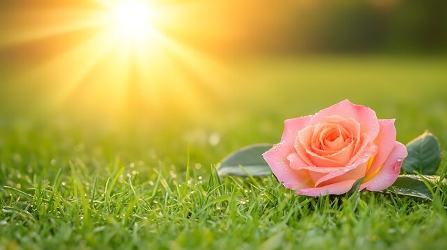 Pink rose on dewy grass at sunrise