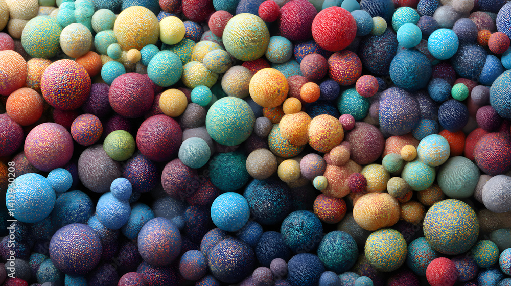 Poster a vibrant array of colorful spheres in various sizes, creating a dynamic and visually engaging abstr