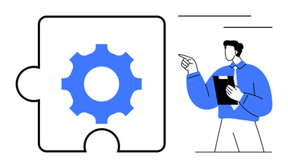 Puzzle piece with gear, professional pointing at it while holding clipboard. Ideal for teamwork, problem-solving, strategy, innovation, project management, workflow, productivity flat simple metaphor