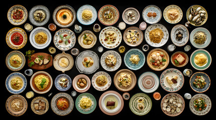 An enticing array of diverse dishes displayed on decorative plates, creating a vibrant culinary tapestry.