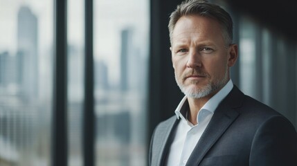 Fototapeta premium A middle-aged businessman stands thoughtfully in an urban office, showcasing a serious expression and sophisticated style. Ideal for corporate themes and leadership portrayals.
