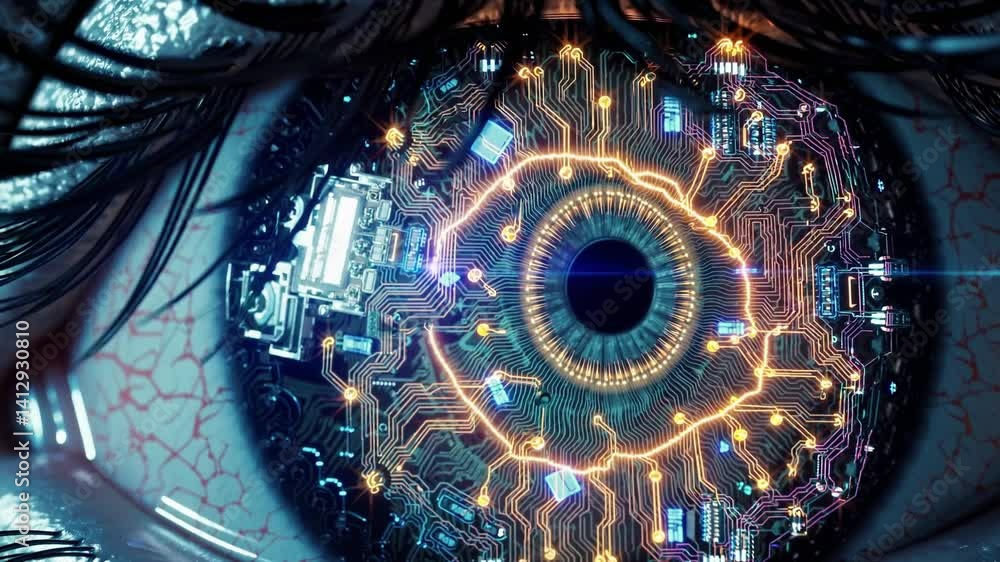 Poster close-up of human eye with digital circuit network overlay, representing artificial intelligence and