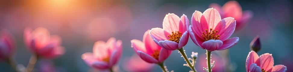 Obraz premium Close up of delicate flowers glistening with frost in the early morning light, beauty, cold