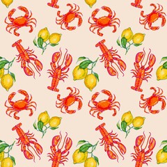 seamless pattern with Summer lobster, red crab, lemon 