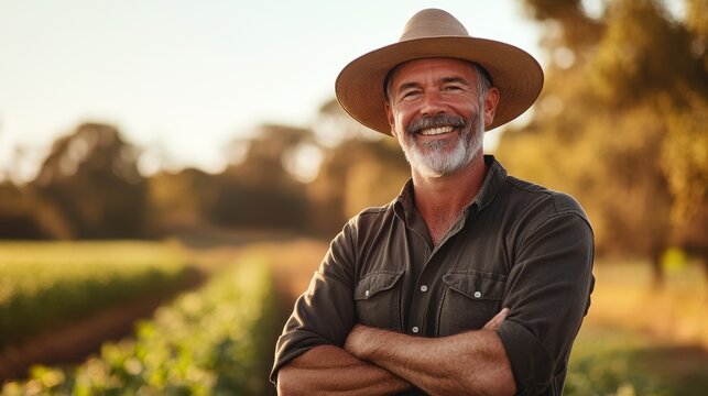 A cheerful middle-aged male farmer stands in an Australian field, embodying the spirit of agriculture and dedication to rural life against a beautiful sunset backdrop.