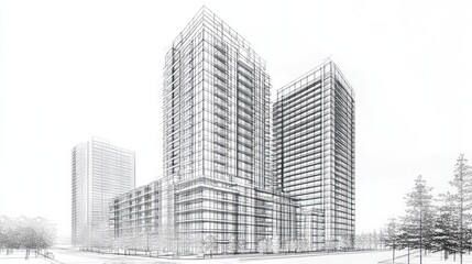 Architectural drawing of modern high-rise buildings