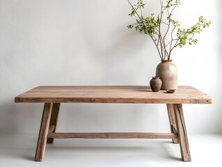 Rustic wooden farmhouse dining table on white backdrop