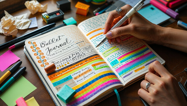 Woman Writing In Colorful Bullet Journal With Markers On Wooden Desk