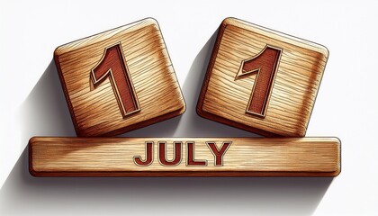 Illustration of wooden blocks with date 11 July. Day and month, simple calendar