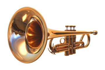 Shiny brass trumpet, isolated on transparent background